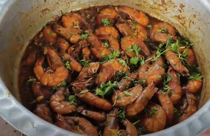 Village-style prawns freshly prepared at Om Harsh Farm
